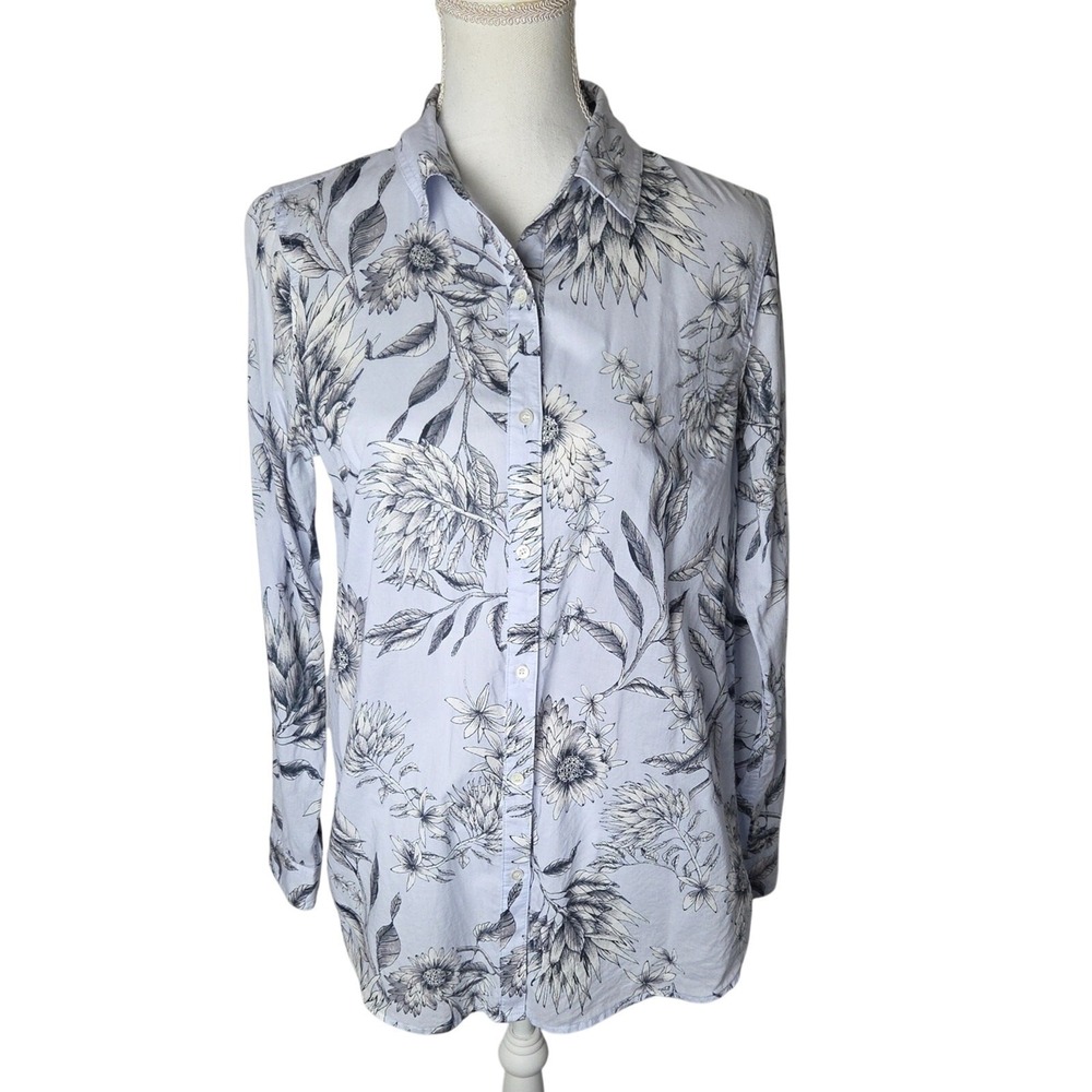 J. McLaughlin Light Blue Floral Button-Up Top M 100% Cotton - Womens Collard